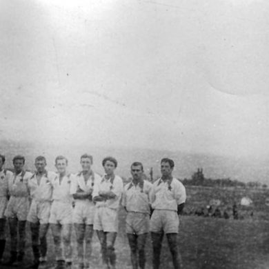 Members of the football team of the 42th Macedonian division of the Yugoslav national-liberation army, pictured in football uniforms during the final operations for the liberation of Yugoslavia, May 1945 (Source: https://izlozba.mk/na-srem/).
