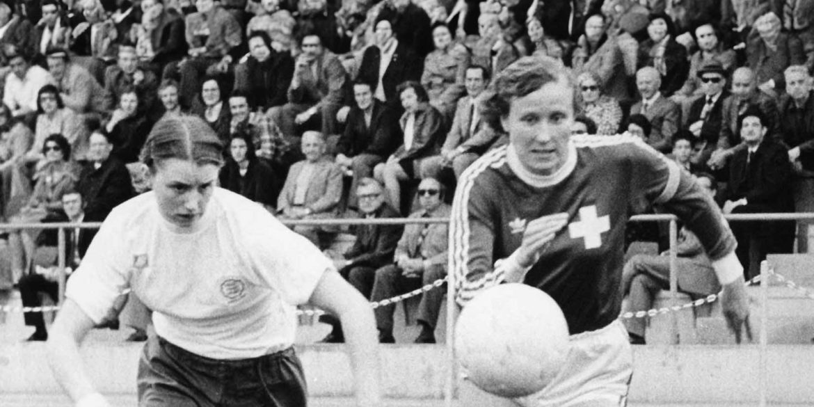 Madeleine Boll (right) during an international match against England in 1975.