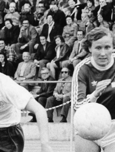 Madeleine Boll (right) during an international match against England in 1975.