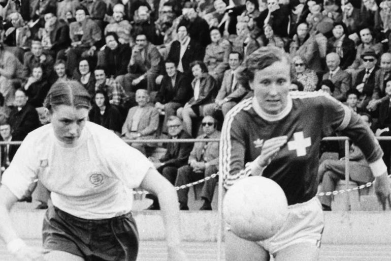 Madeleine Boll (right) during an international match against England in 1975.