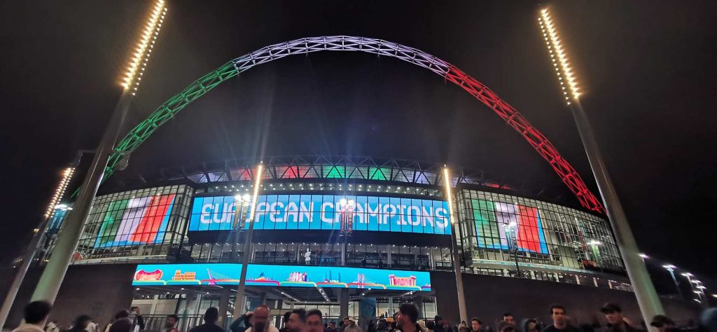 Wembley Stadium illuminated after Italy win Euro 2020.